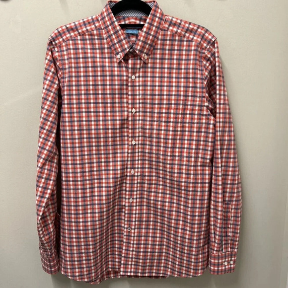 J McLaughlin Mens Shirt L Red Blue Check Trim Fit 100% Cotton Prep Classic‎ USA - Picture 2 of 12
